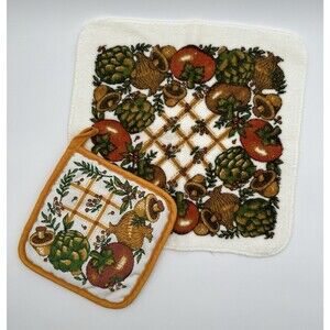 Vintage Cannon Vegetables Kitchen Dish Cloth Matching Pot Holder Mushrooms Onion